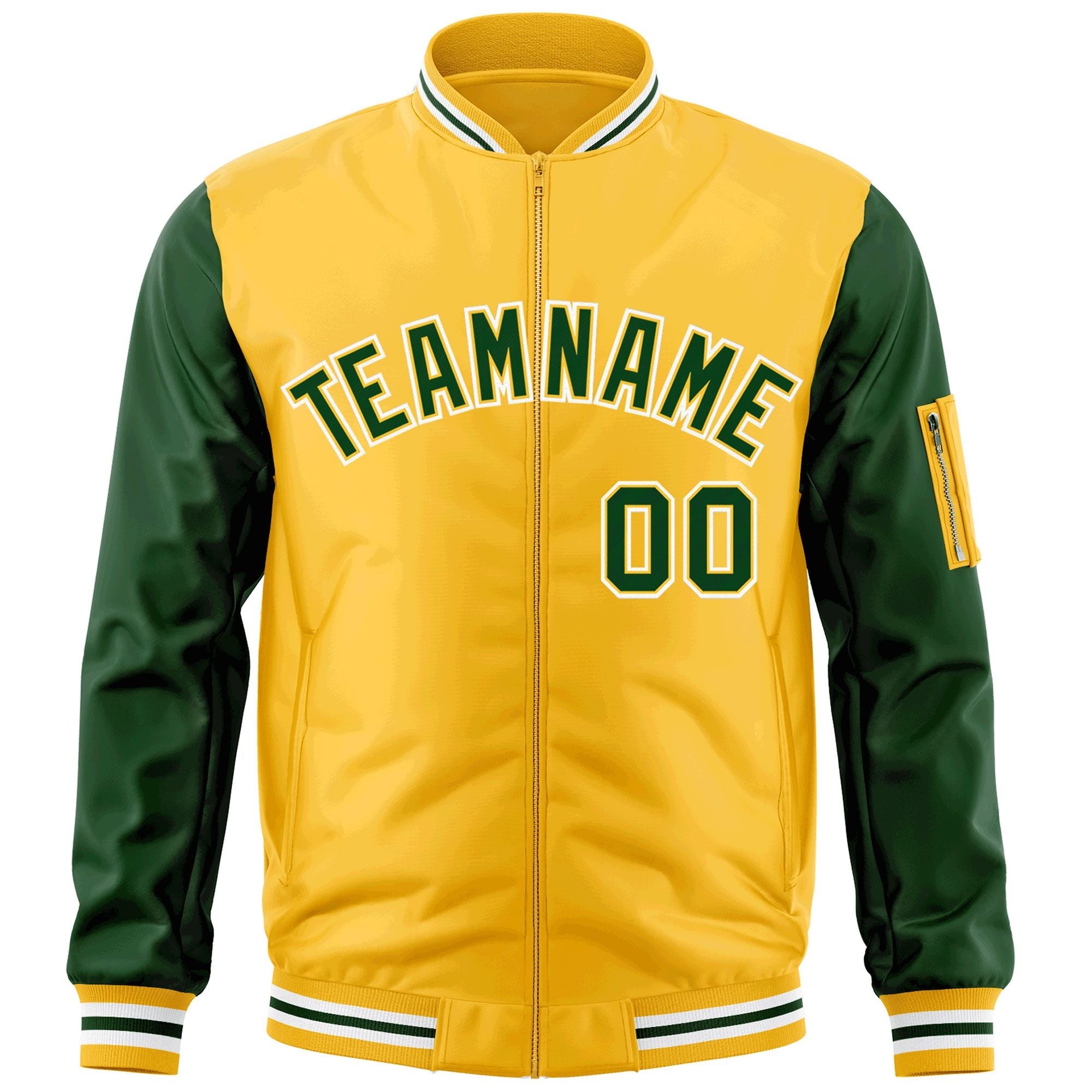 Custom Gold Green-White Varsity Full-Zip Raglan Sleeves Letterman Bomber Jacket