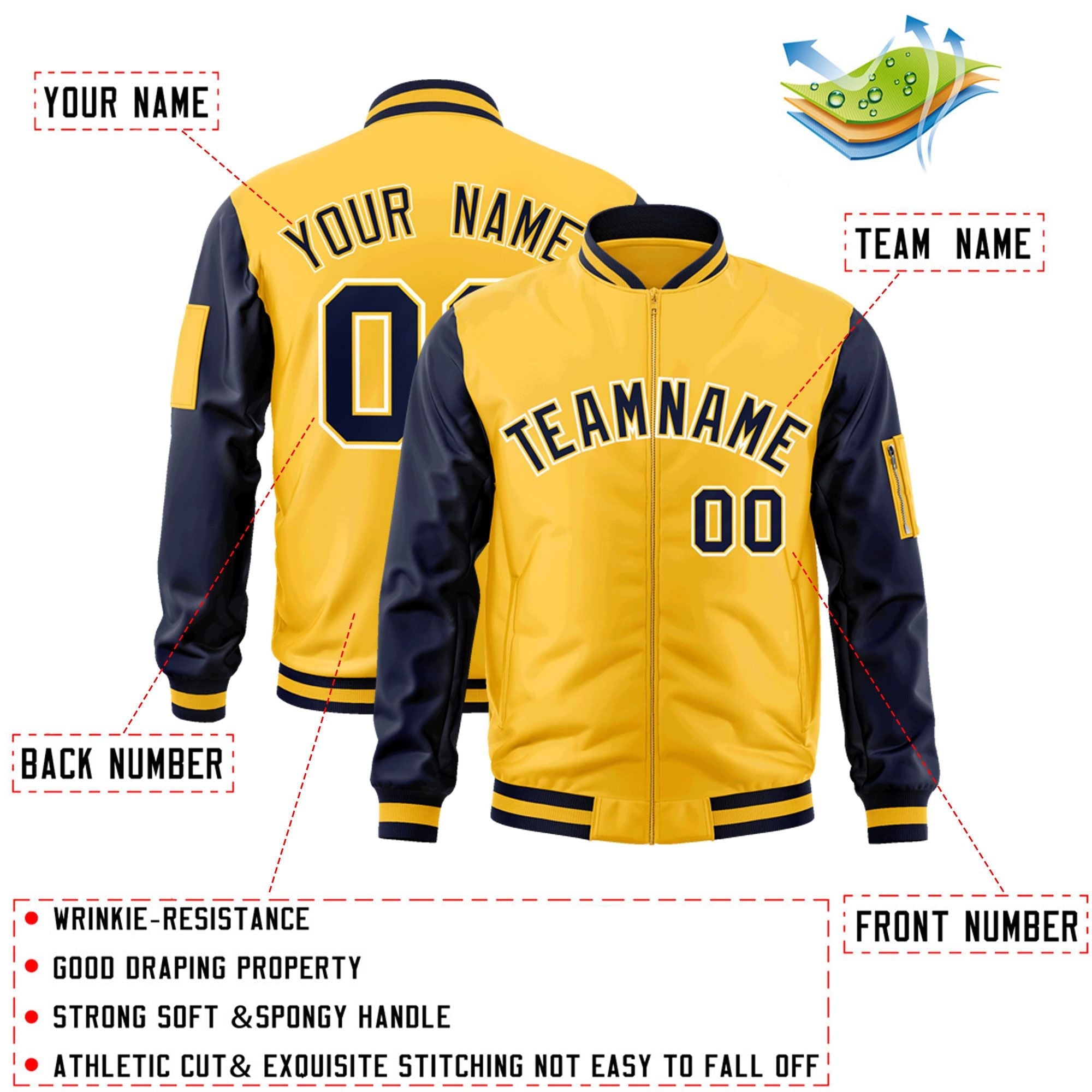 Custom Gold Navy-White Varsity Full-Zip Raglan Sleeves Letterman Bomber Jacket