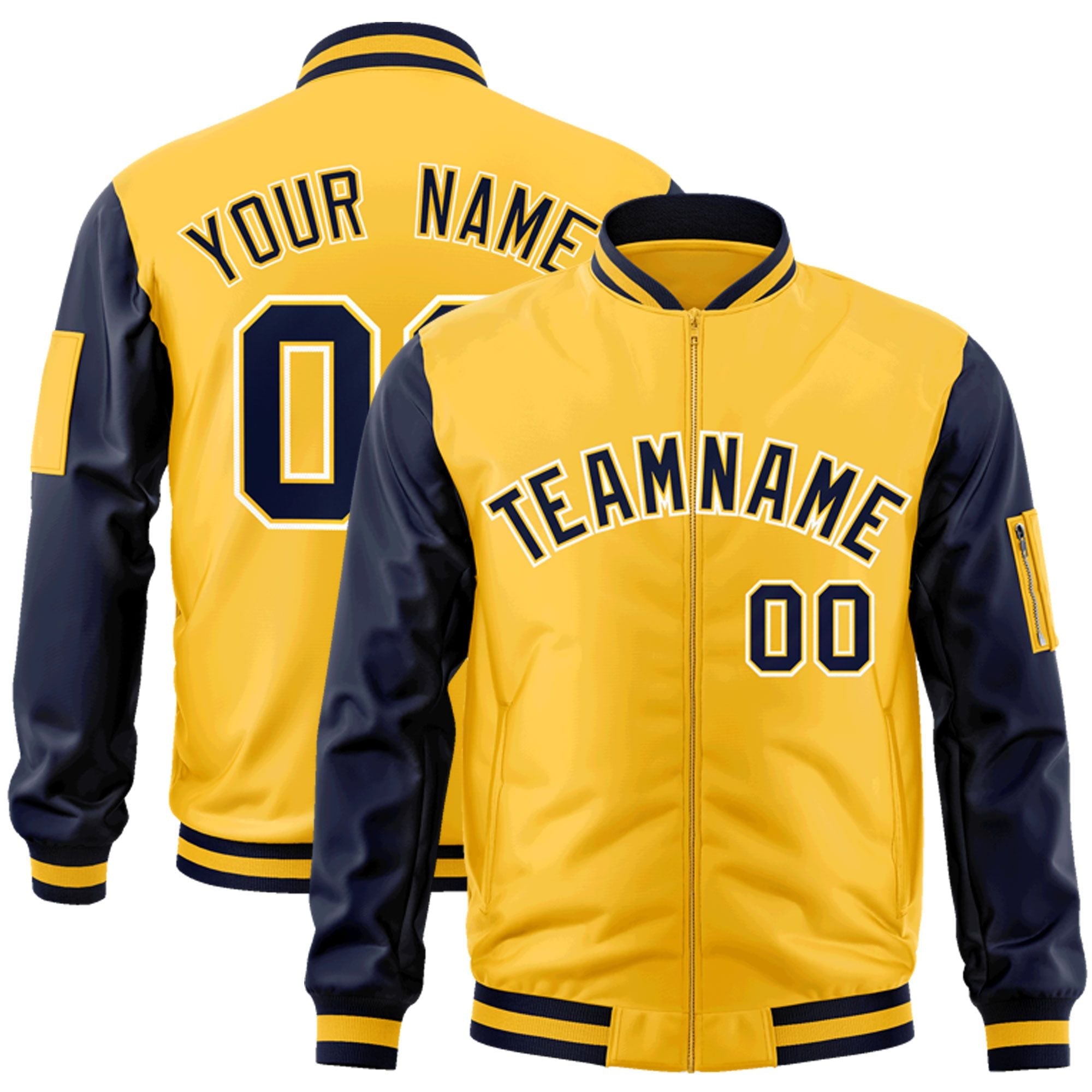 Custom Gold Navy-White Varsity Full-Zip Raglan Sleeves Letterman Bomber Jacket