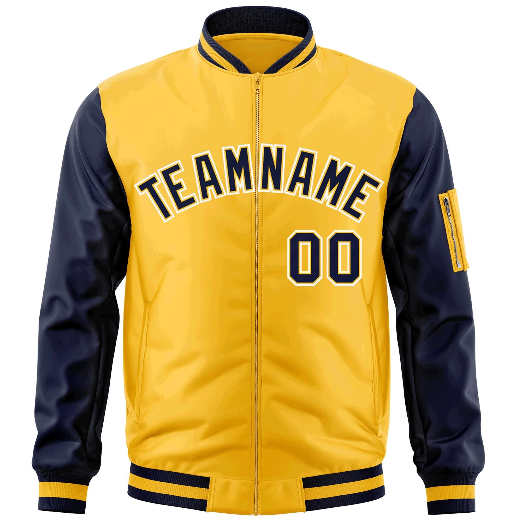 Custom Gold Navy-White Varsity Full-Zip Raglan Sleeves Letterman Bomber Jacket