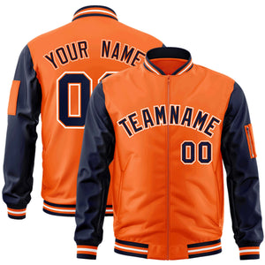 Custom Orange Navy-White Varsity Full-Zip Raglan Sleeves Letterman Bomber Jacket