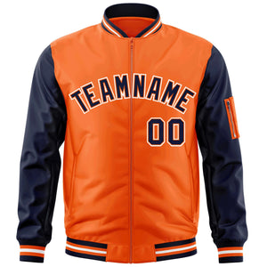 Custom Orange Navy-White Varsity Full-Zip Raglan Sleeves Letterman Bomber Jacket