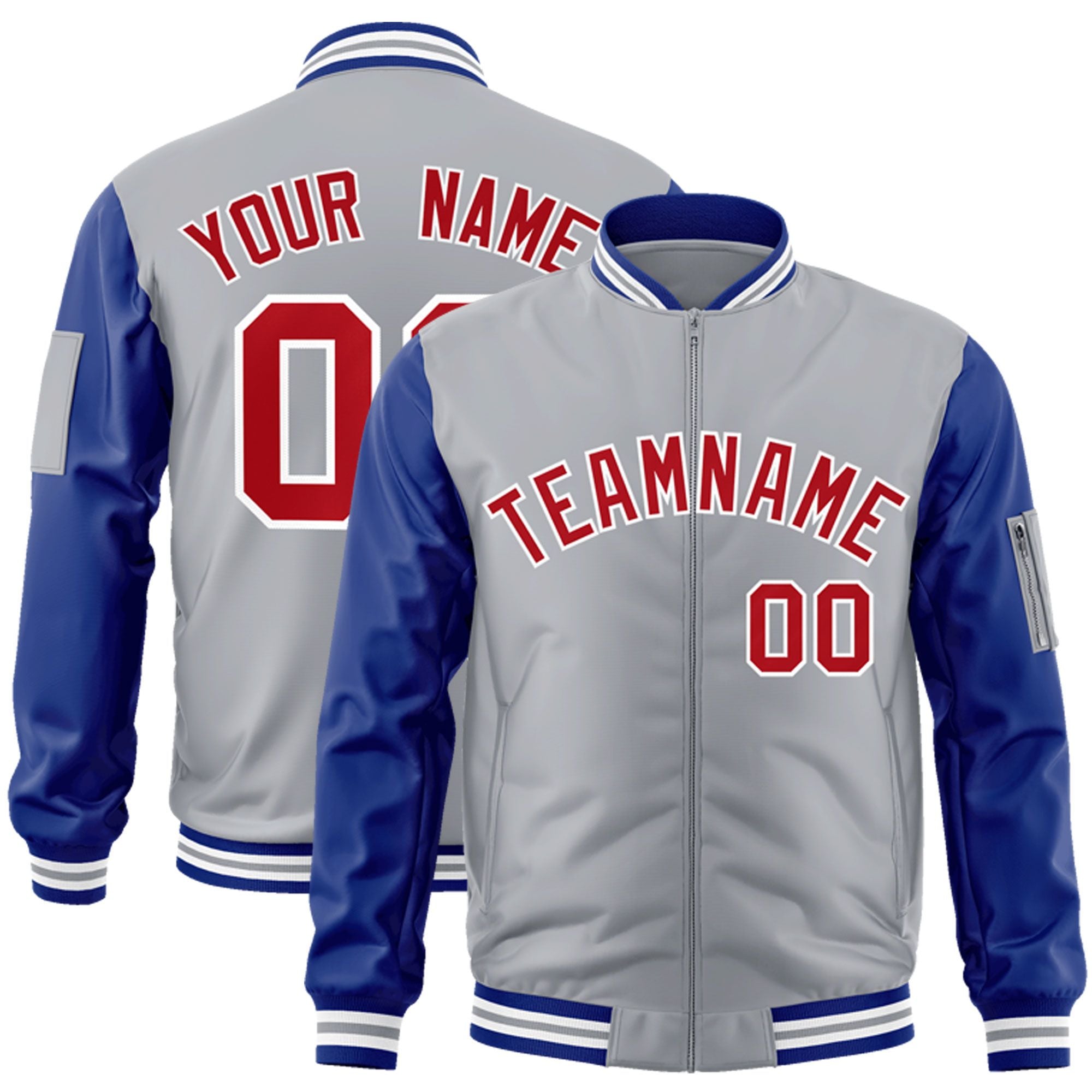 Custom Gray Royal-Red Varsity Full-Zip Raglan Sleeves Letterman Bomber Jacket