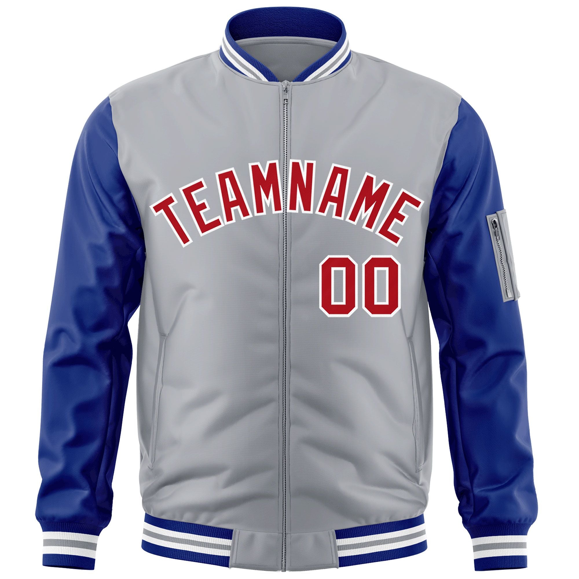 Custom Gray Royal-Red Varsity Full-Zip Raglan Sleeves Letterman Bomber Jacket