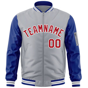 Custom Gray Royal-Red Varsity Full-Zip Raglan Sleeves Letterman Bomber Jacket