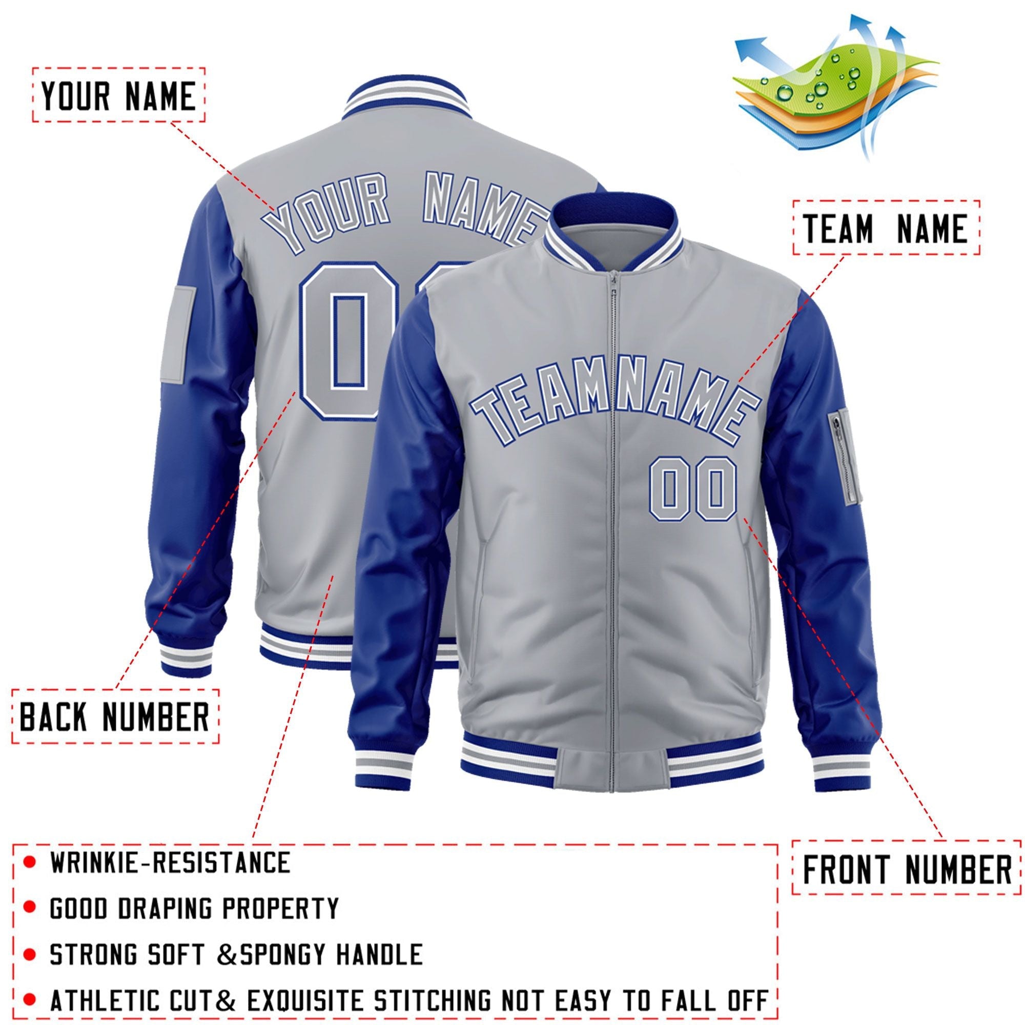 Custom Gray Royal-WhiteVarsity Full-Zip Raglan Sleeves Letterman Bomber Jacket