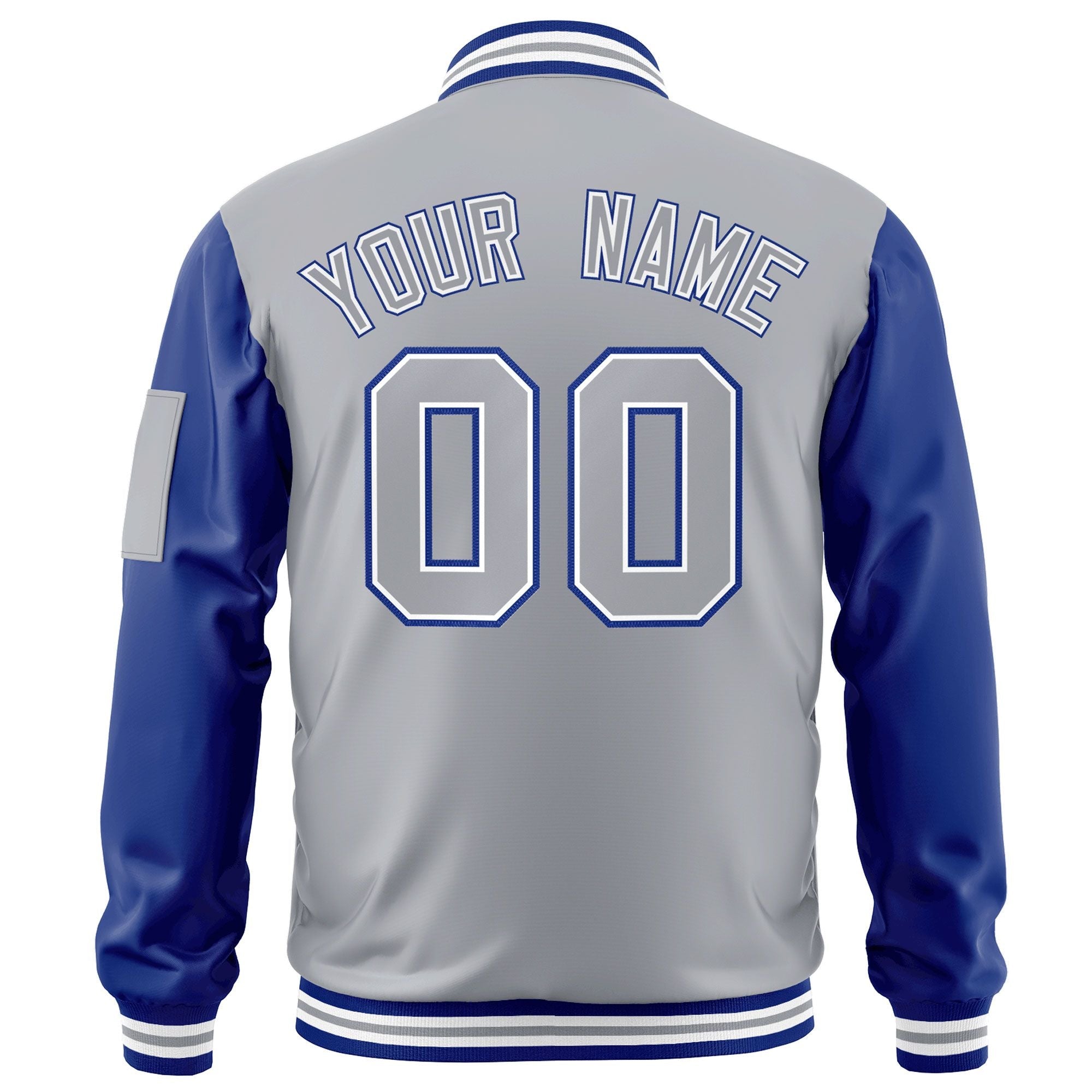 Custom Gray Royal-WhiteVarsity Full-Zip Raglan Sleeves Letterman Bomber Jacket