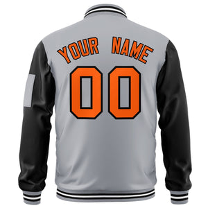 Custom Gray Black-Orange Varsity Full-Zip Raglan Sleeves Letterman Bomber Jacket