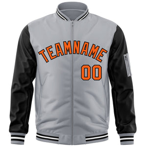 Custom Gray Black-Orange Varsity Full-Zip Raglan Sleeves Letterman Bomber Jacket