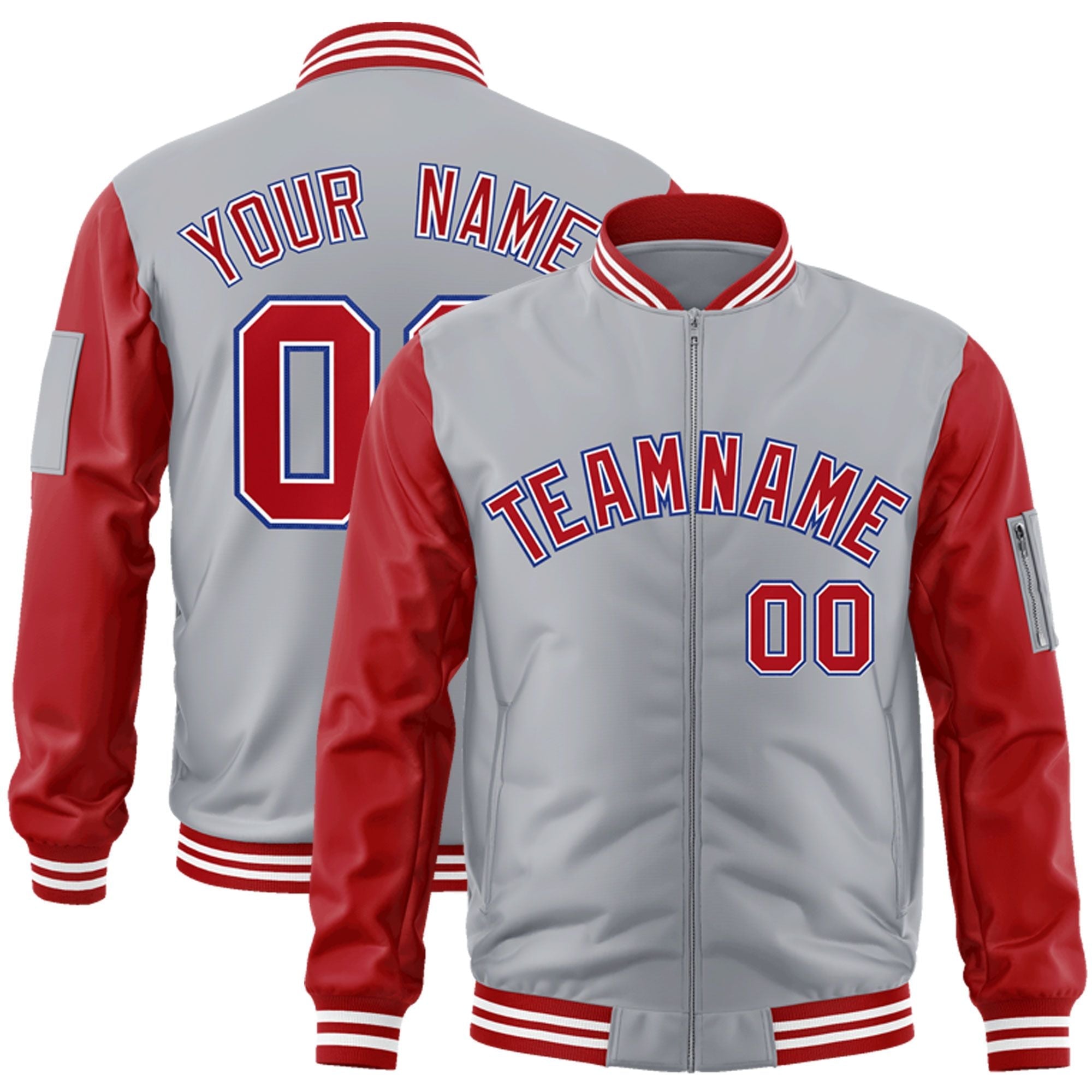 Custom Gray Red-Royal Varsity Full-Zip Raglan Sleeves Letterman Bomber Jacket