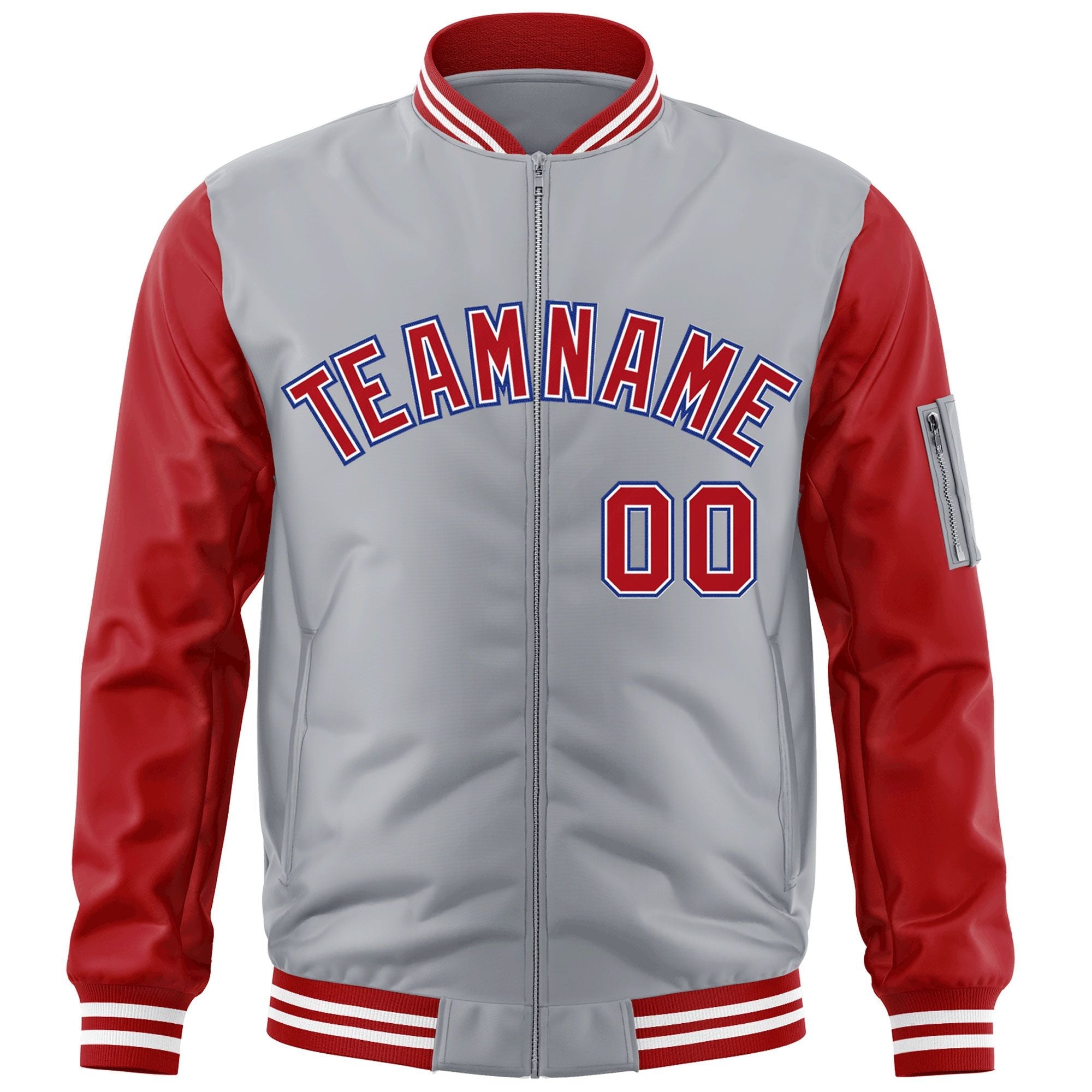 Custom Gray Red-Royal Varsity Full-Zip Raglan Sleeves Letterman Bomber Jacket