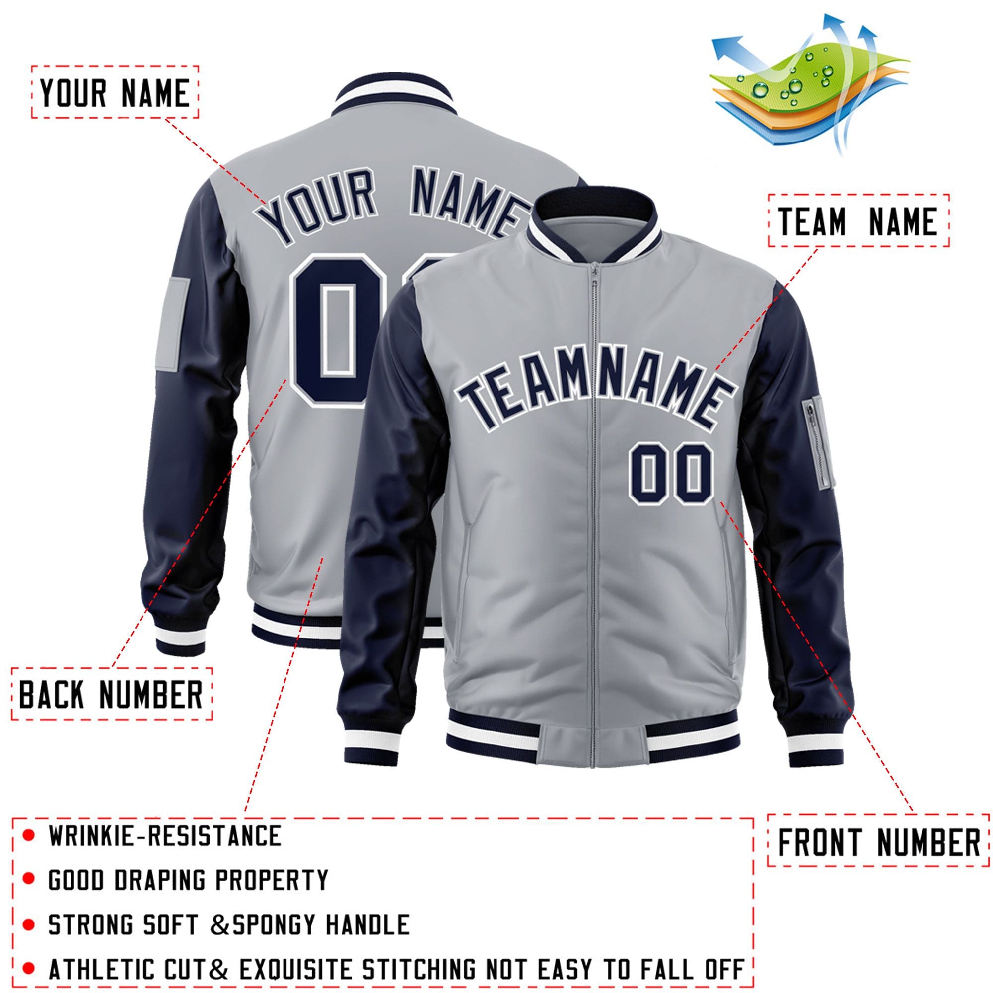 Custom Gray Navy-White Varsity Full-Zip Raglan Sleeves Letterman Bomber Jacket