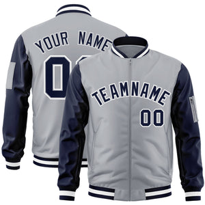 Custom Gray Navy-White Varsity Full-Zip Raglan Sleeves Letterman Bomber Jacket