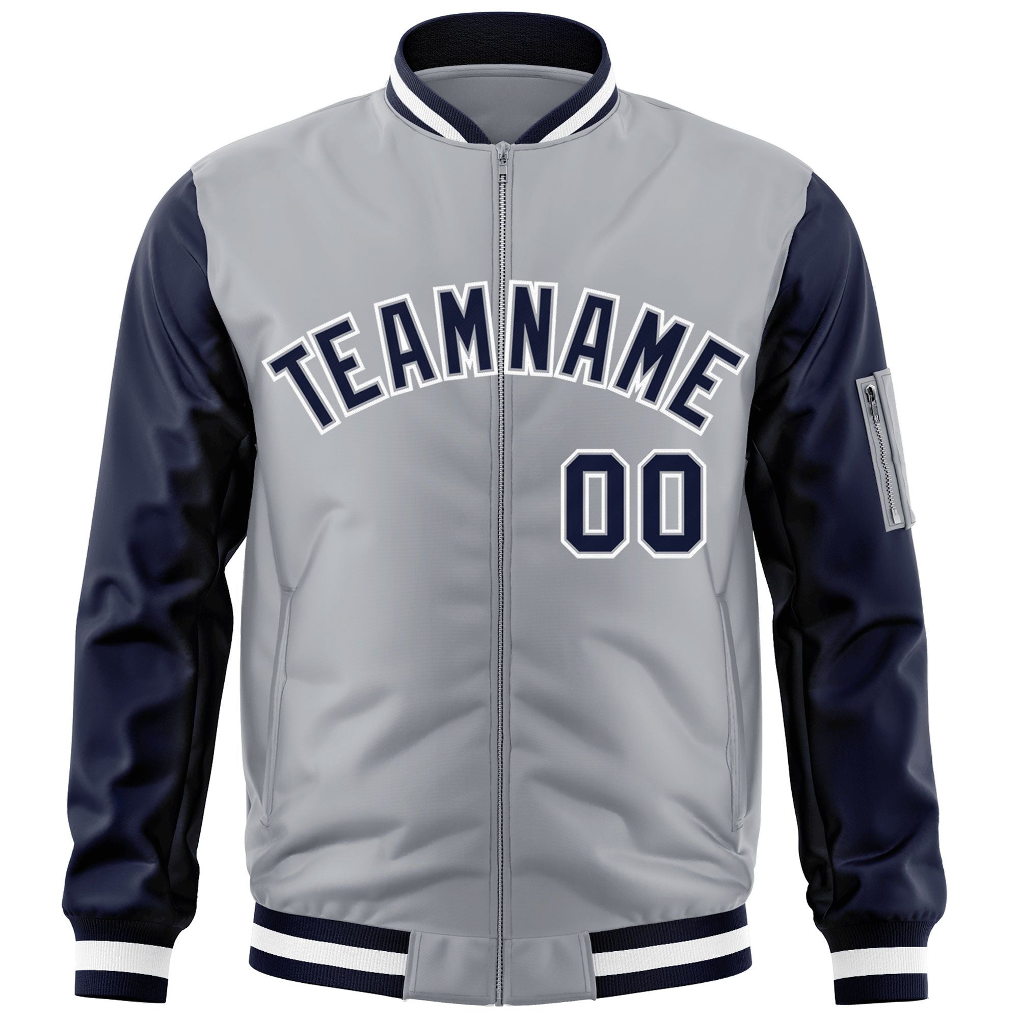 Custom Gray Navy-White Varsity Full-Zip Raglan Sleeves Letterman Bomber Jacket