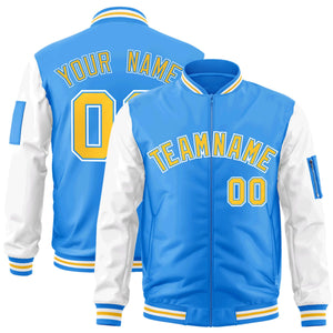 Custom Powder Blue White-Gold Varsity Full-Zip Raglan Sleeves Letterman Bomber Jacket