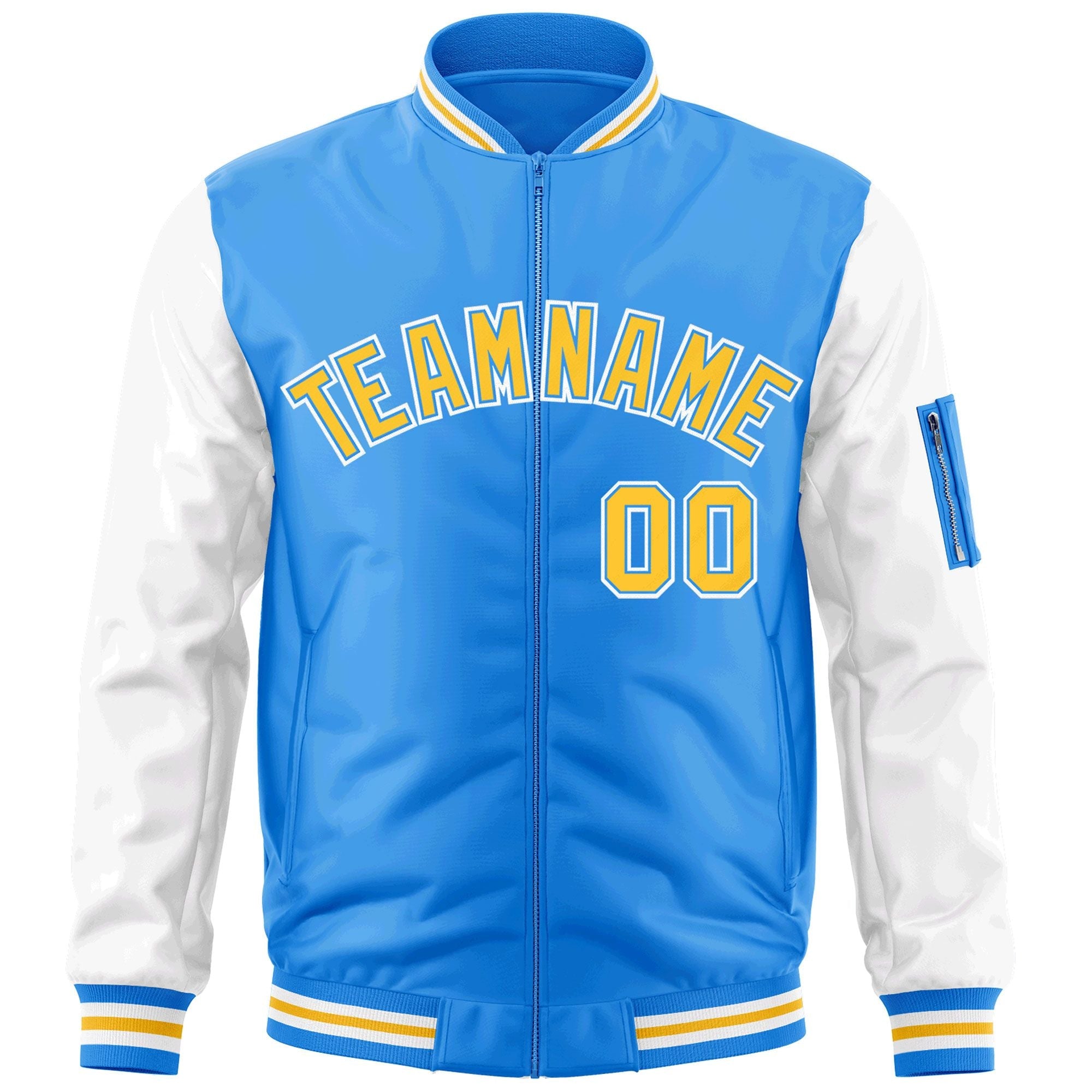 Custom Powder Blue White-Gold Varsity Full-Zip Raglan Sleeves Letterman Bomber Jacket