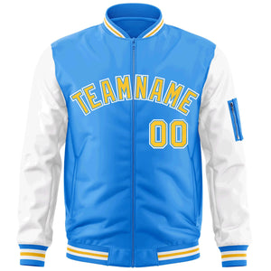 Custom Powder Blue White-Gold Varsity Full-Zip Raglan Sleeves Letterman Bomber Jacket