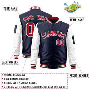 Custom Navy White-Red Varsity Full-Zip Raglan Sleeves Letterman Bomber Jacket