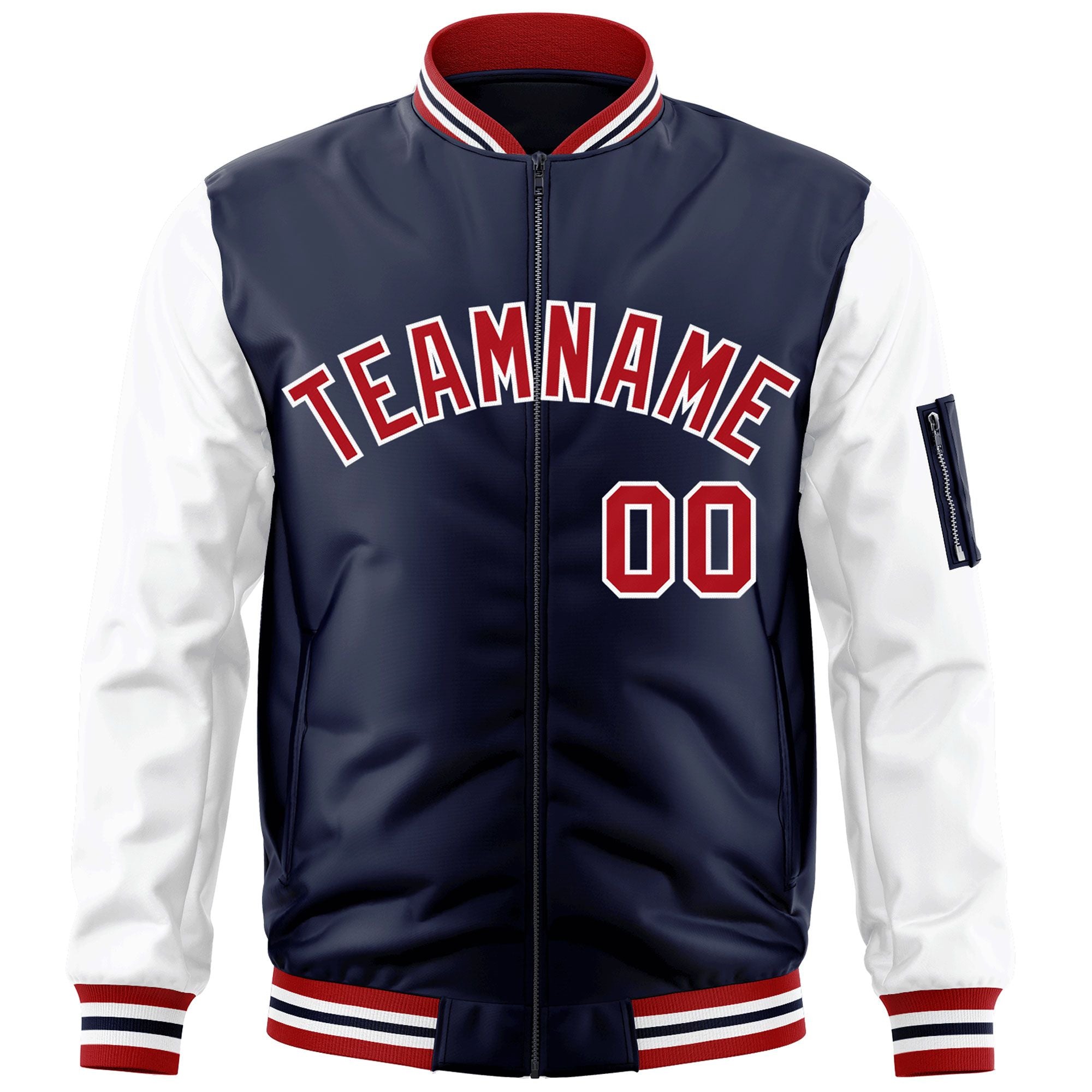 Custom Navy White-Red Varsity Full-Zip Raglan Sleeves Letterman Bomber Jacket