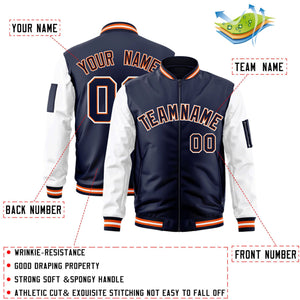 Custom Navy White-OrangeVarsity Full-Zip Raglan Sleeves Letterman Bomber Jacket