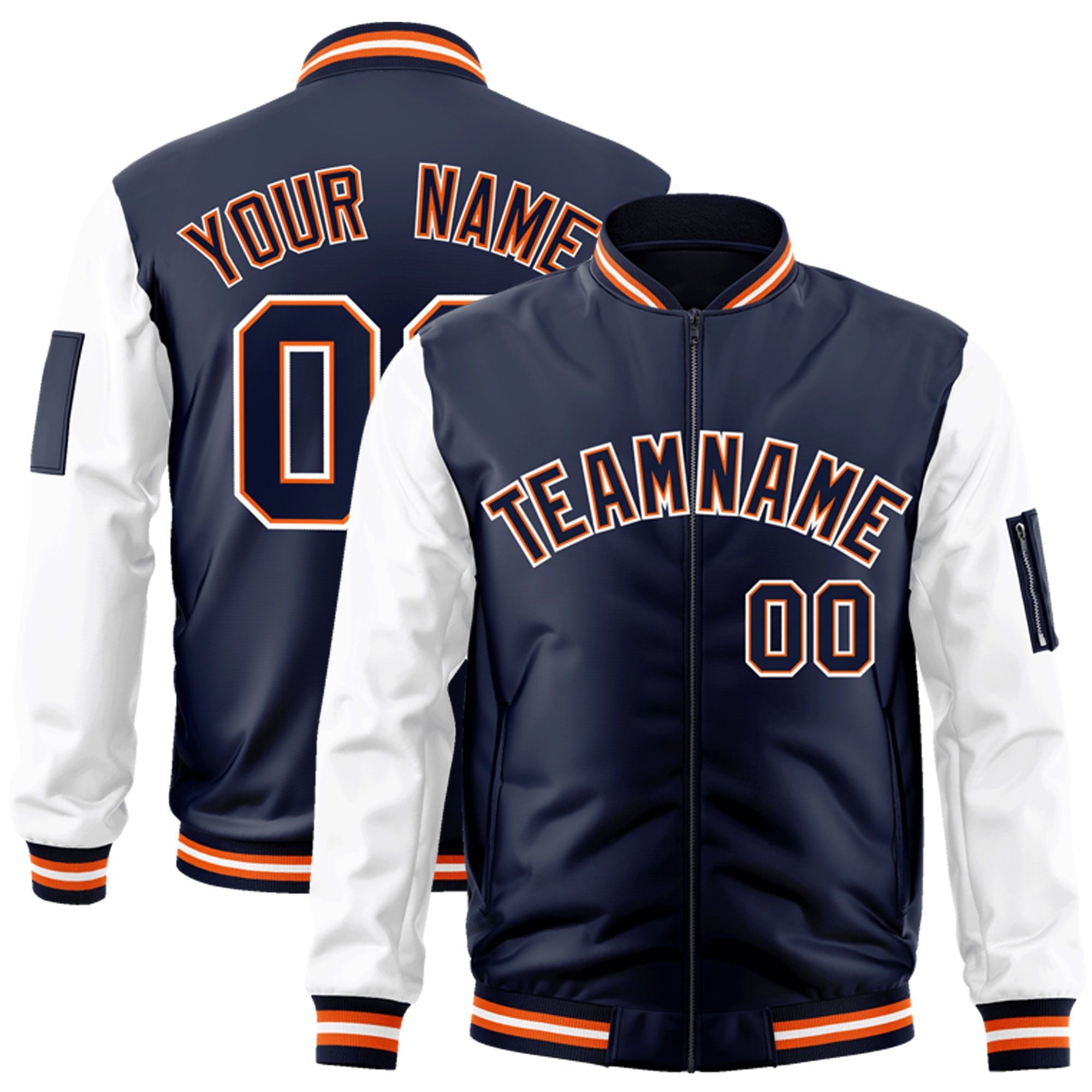 Custom Navy White-OrangeVarsity Full-Zip Raglan Sleeves Letterman Bomber Jacket