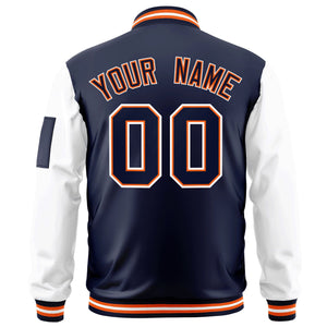 Custom Navy White-OrangeVarsity Full-Zip Raglan Sleeves Letterman Bomber Jacket