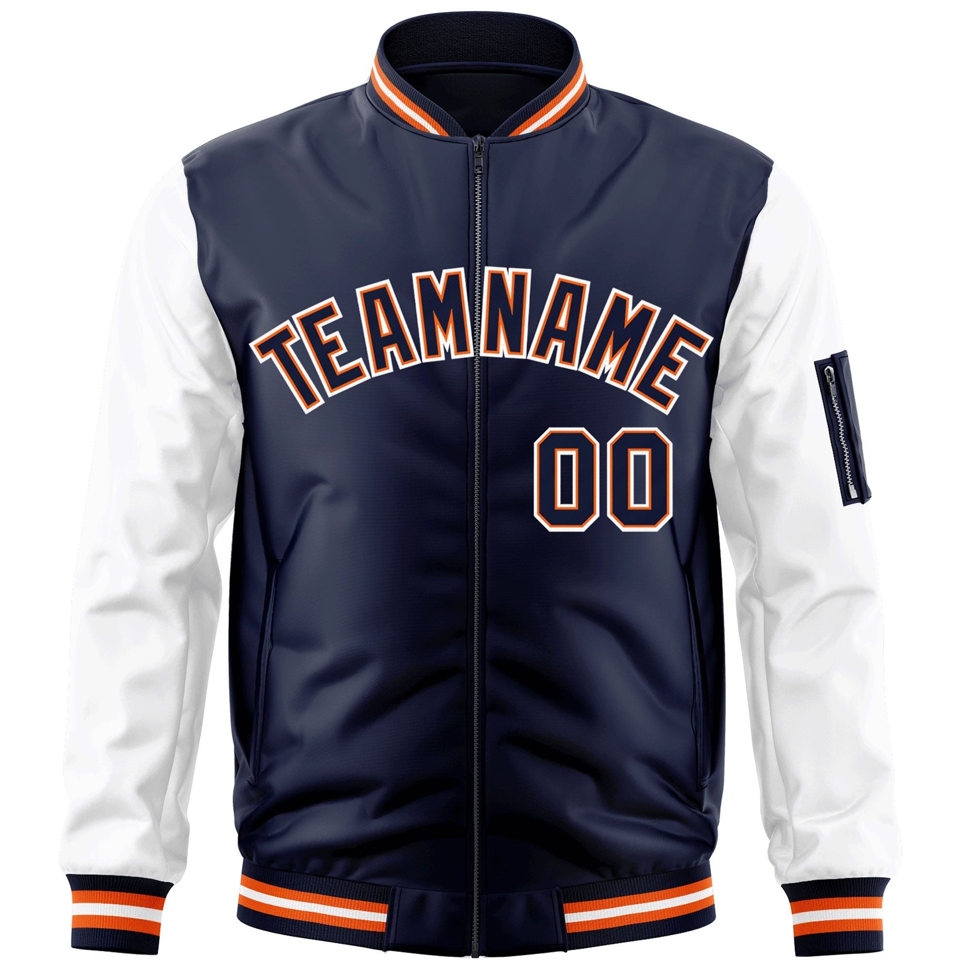 Custom Navy White-OrangeVarsity Full-Zip Raglan Sleeves Letterman Bomber Jacket