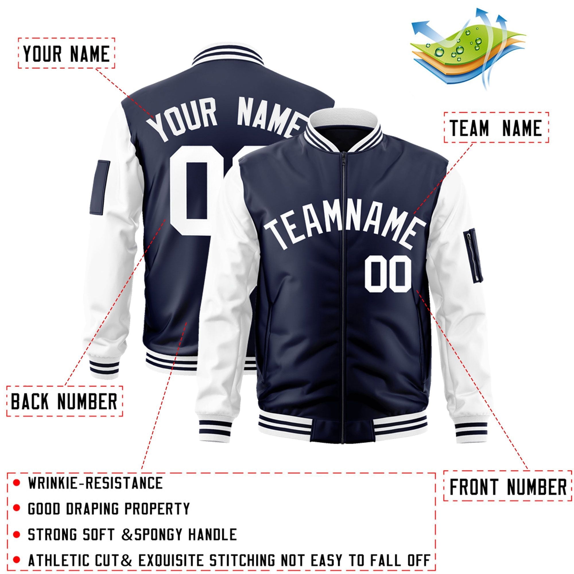 Custom Navy White Varsity Full-Zip Raglan Sleeves Letterman Bomber Jacket