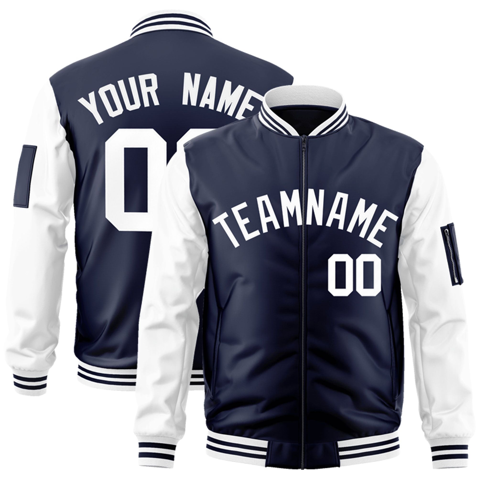 Custom Navy White Varsity Full-Zip Raglan Sleeves Letterman Bomber Jacket