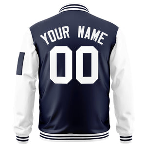 Custom Navy White Varsity Full-Zip Raglan Sleeves Letterman Bomber Jacket