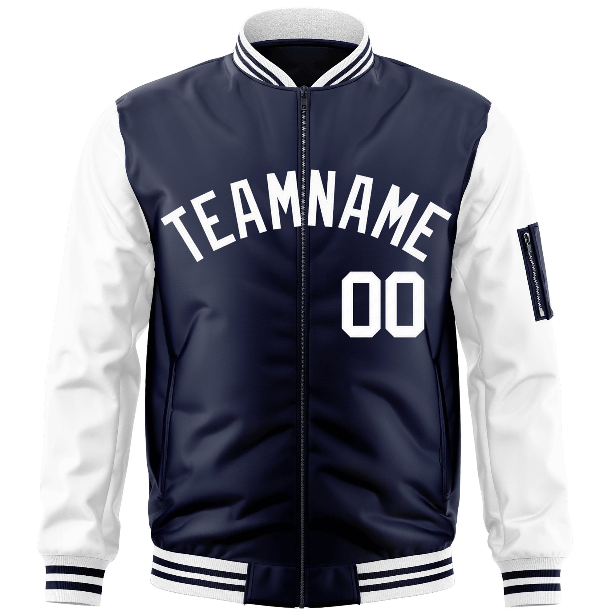 Custom Navy White Varsity Full-Zip Raglan Sleeves Letterman Bomber Jacket