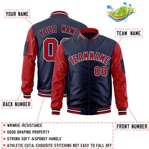 Custom Navy Red-White Varsity Full-Zip Raglan Sleeves Letterman Bomber Jacket