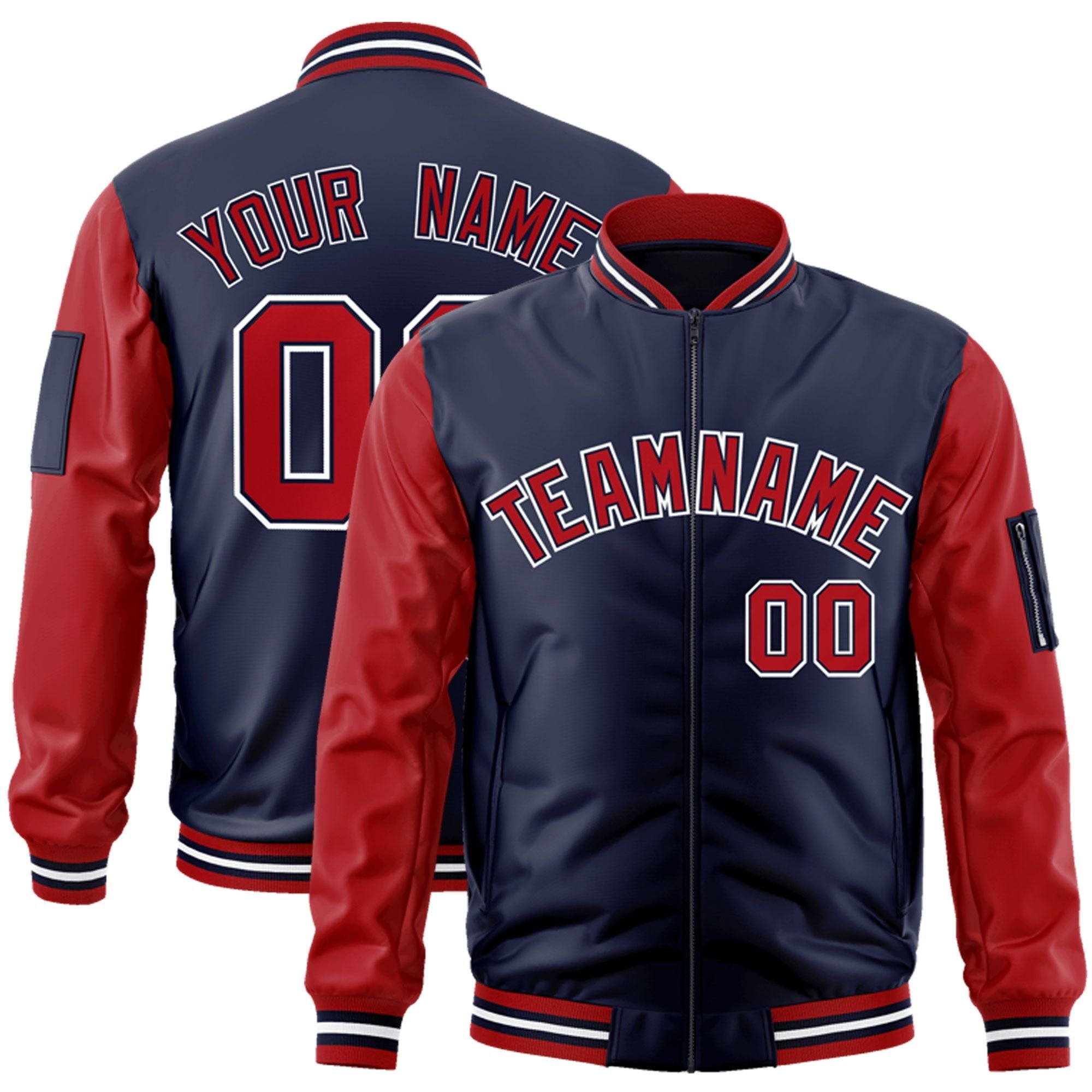 Custom Navy Red-White Varsity Full-Zip Raglan Sleeves Letterman Bomber Jacket