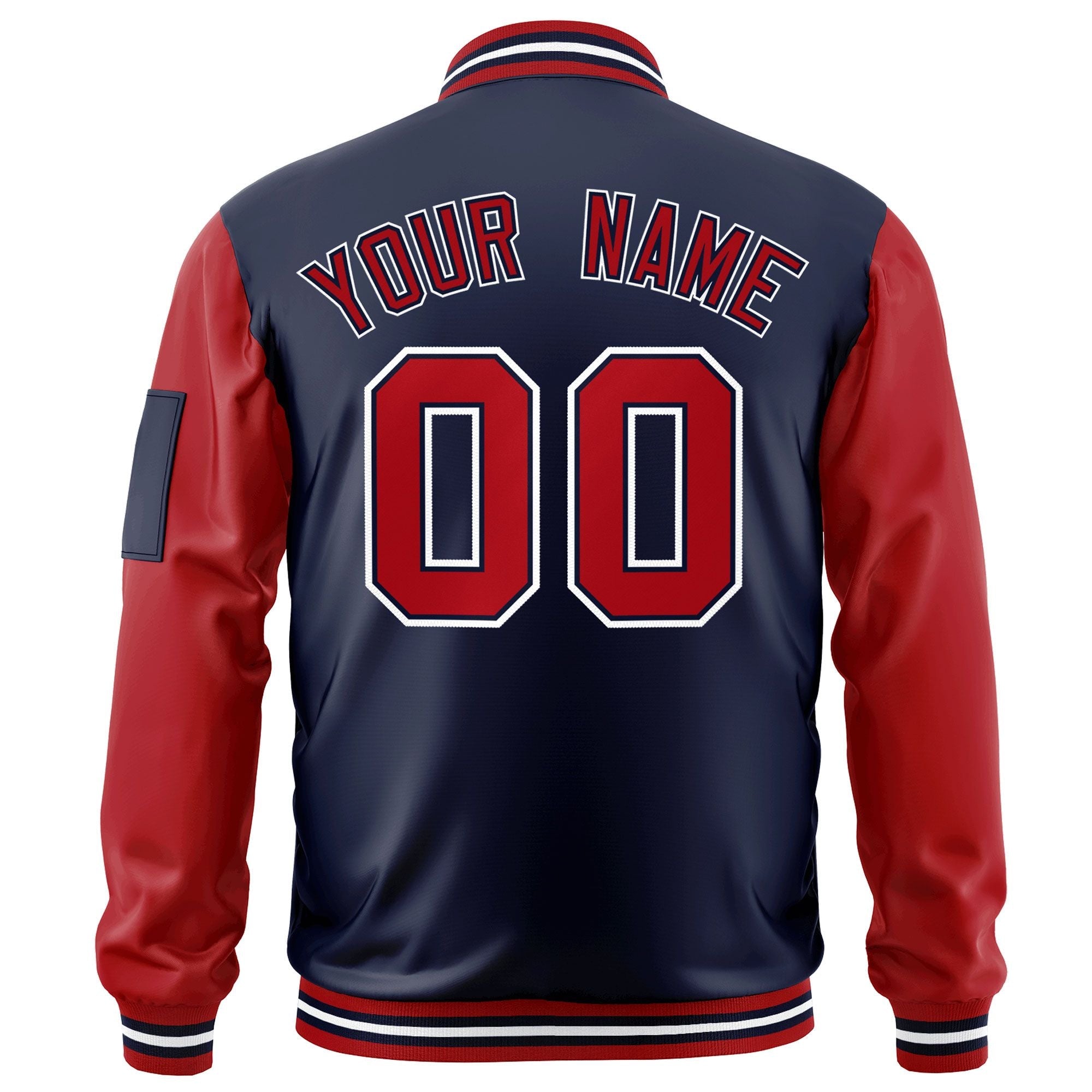 Custom Navy Red-White Varsity Full-Zip Raglan Sleeves Letterman Bomber Jacket