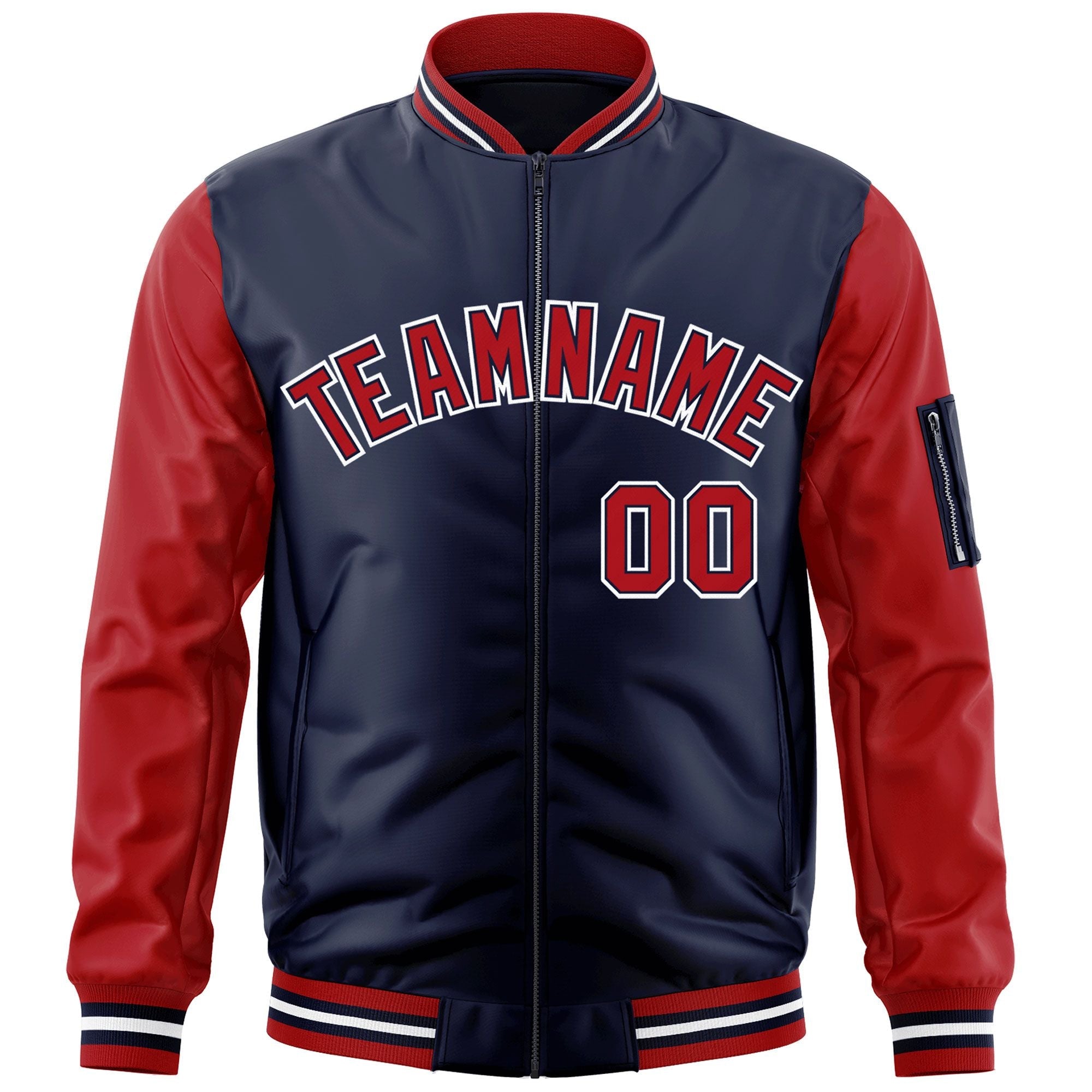 Custom Navy Red-White Varsity Full-Zip Raglan Sleeves Letterman Bomber Jacket