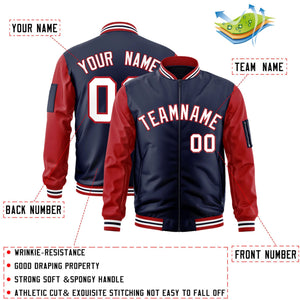 Custom Navy Red-White Varsity Full-Zip Raglan Sleeves Letterman Bomber Jacket