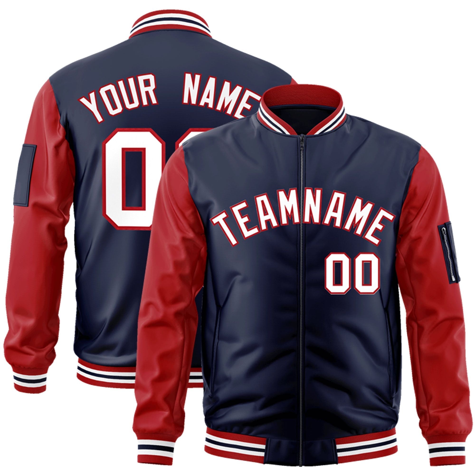 Custom Navy Red-White Varsity Full-Zip Raglan Sleeves Letterman Bomber Jacket