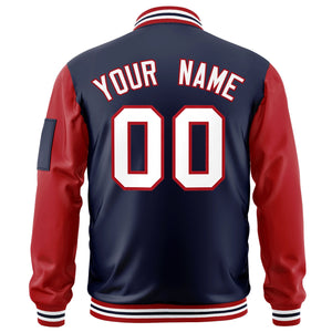 Custom Navy Red-White Varsity Full-Zip Raglan Sleeves Letterman Bomber Jacket