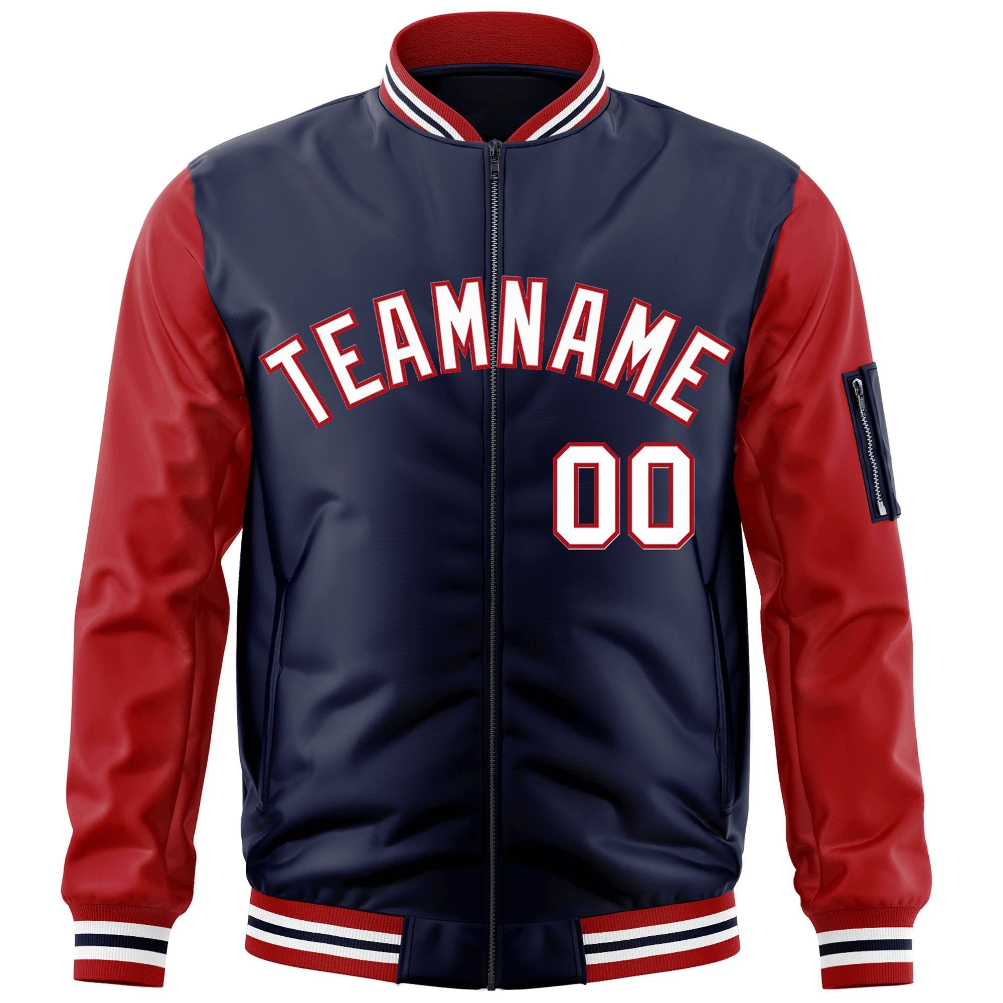 Custom Navy Red-White Varsity Full-Zip Raglan Sleeves Letterman Bomber Jacket