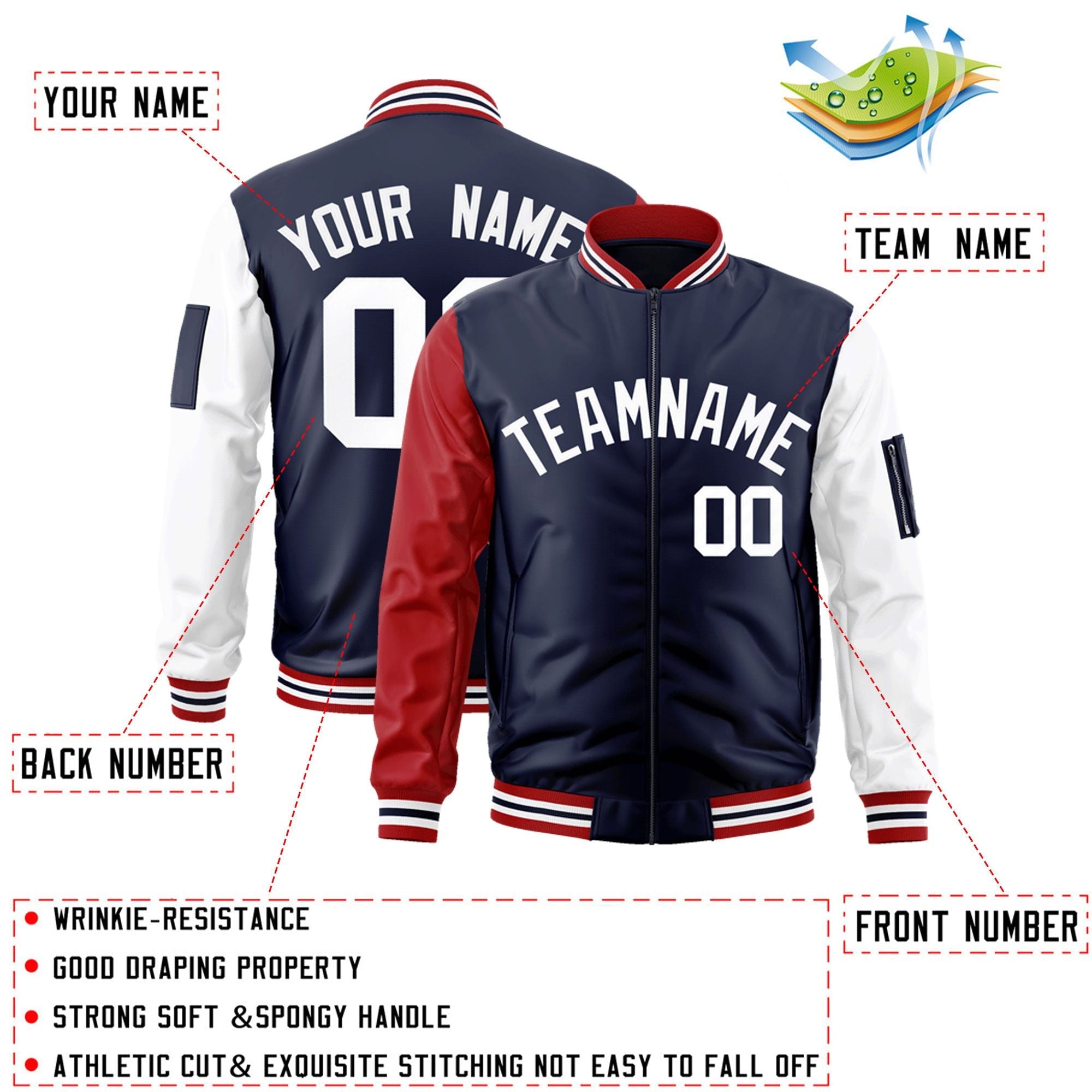 Custom Navy Red-White Varsity Full-Zip Raglan Sleeves Letterman Bomber Jacket