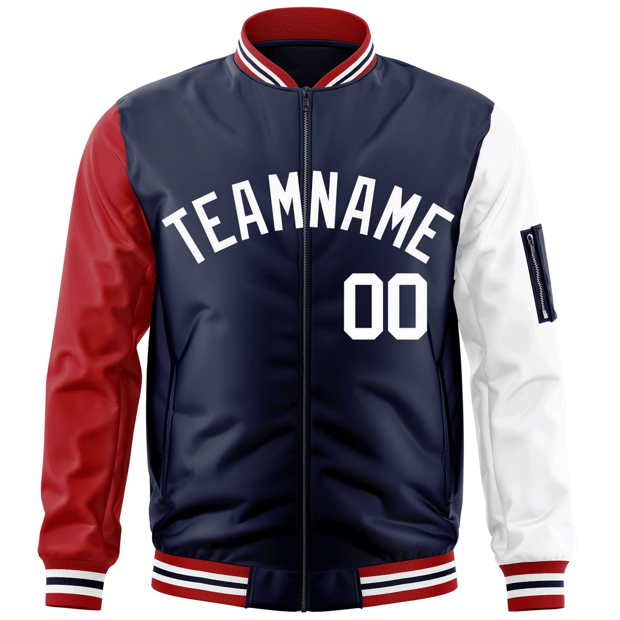 Custom Navy Red-White Varsity Full-Zip Raglan Sleeves Letterman Bomber Jacket