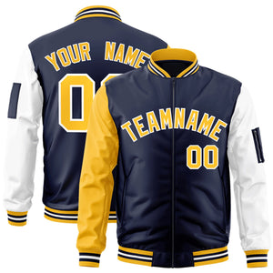 Custom Navy Gold-White Varsity Full-Zip Raglan Sleeves Letterman Bomber Jacket