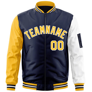 Custom Navy Gold-White Varsity Full-Zip Raglan Sleeves Letterman Bomber Jacket