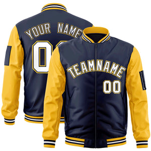 Custom Navy Gold-White-Varsity Full-Zip Raglan Sleeves Letterman Bomber Jacket