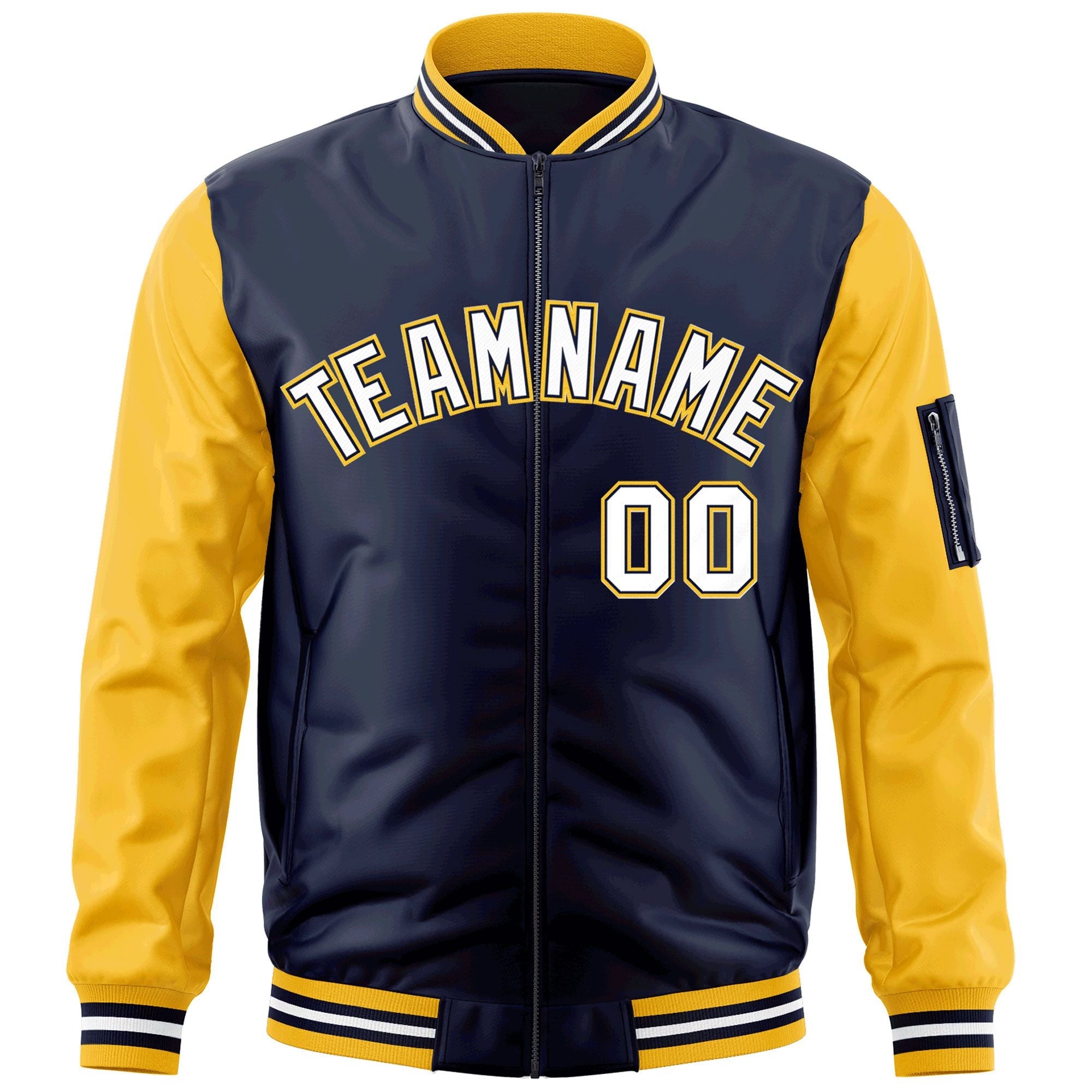 Custom Navy Gold-White-Varsity Full-Zip Raglan Sleeves Letterman Bomber Jacket