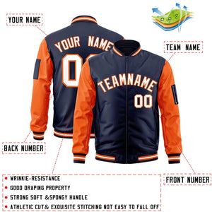 Custom Navy Orange-White Varsity Full-Zip Raglan Sleeves Letterman Bomber Jacket