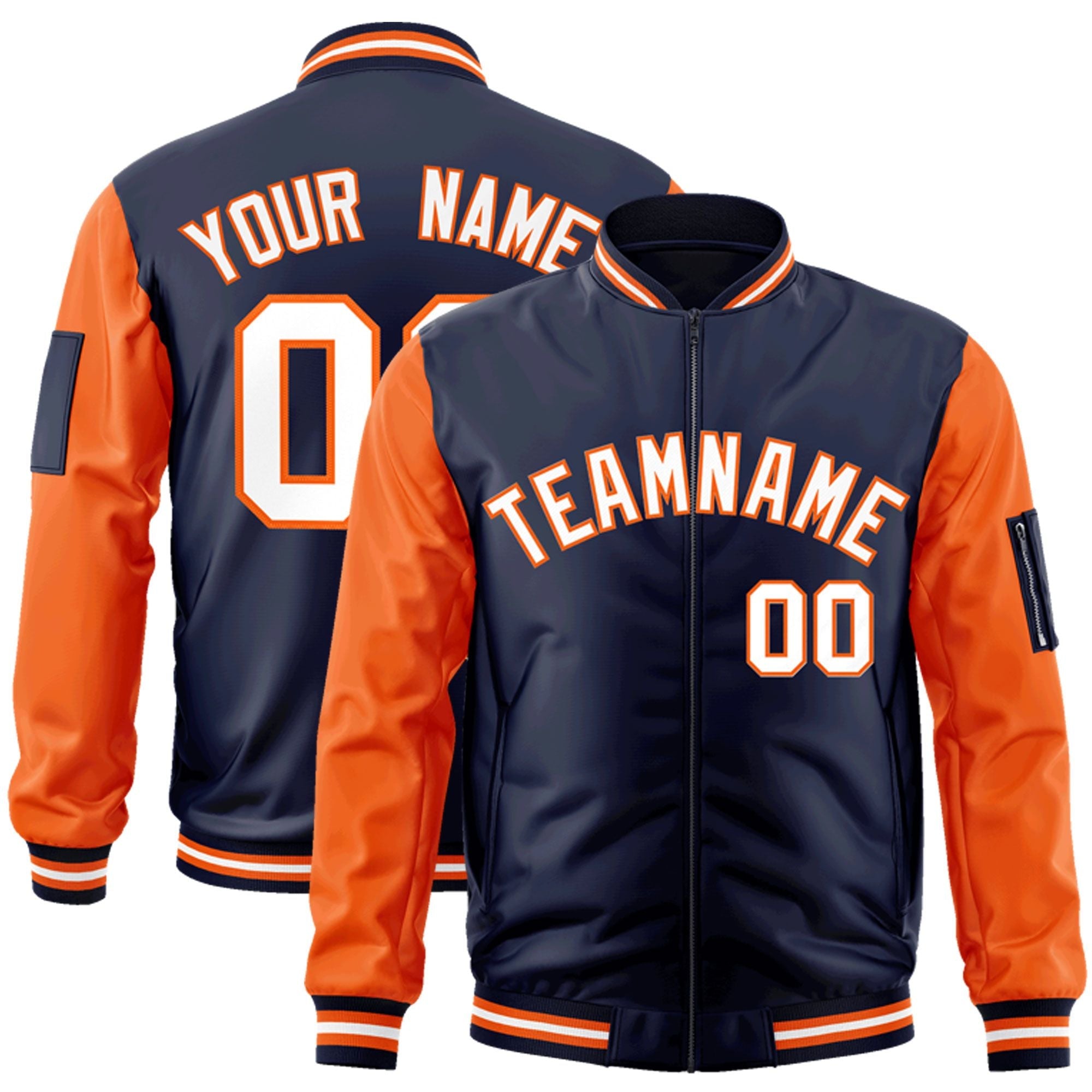 Custom Navy Orange-White Varsity Full-Zip Raglan Sleeves Letterman Bomber Jacket