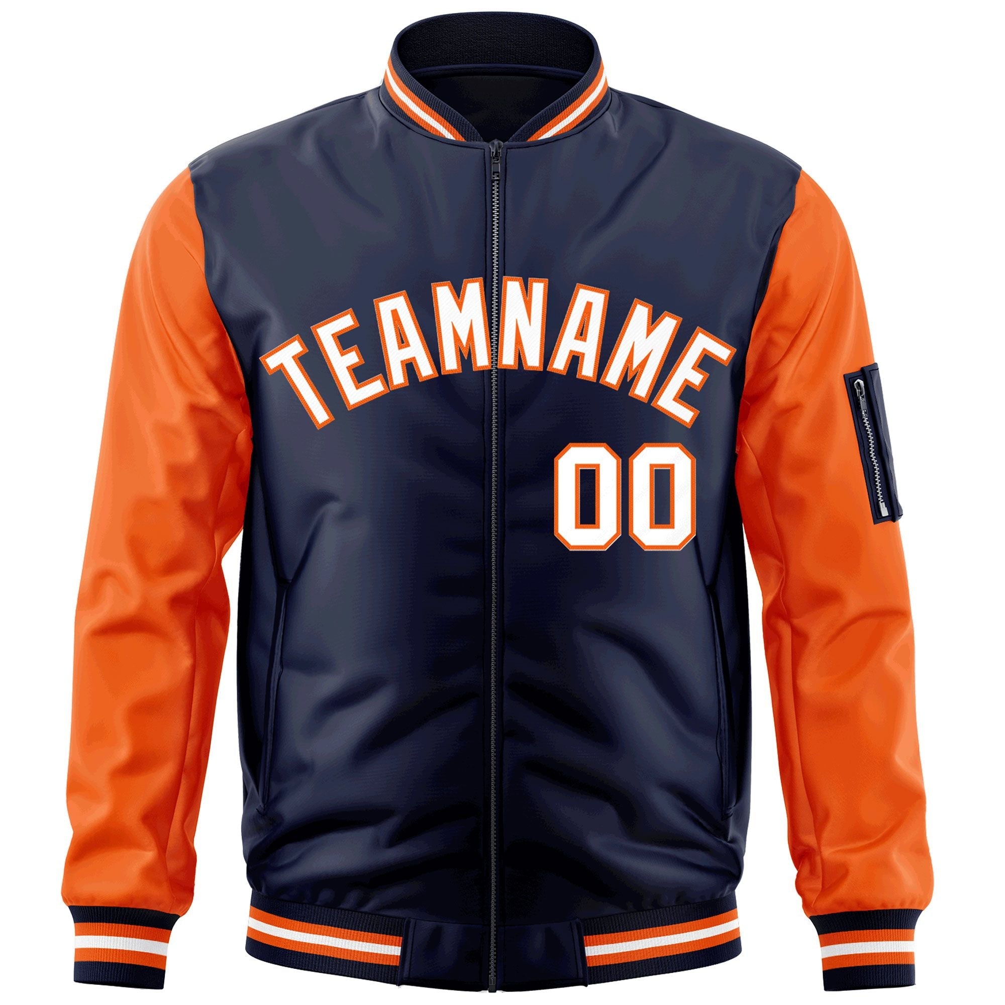 Custom Navy Orange-White Varsity Full-Zip Raglan Sleeves Letterman Bomber Jacket