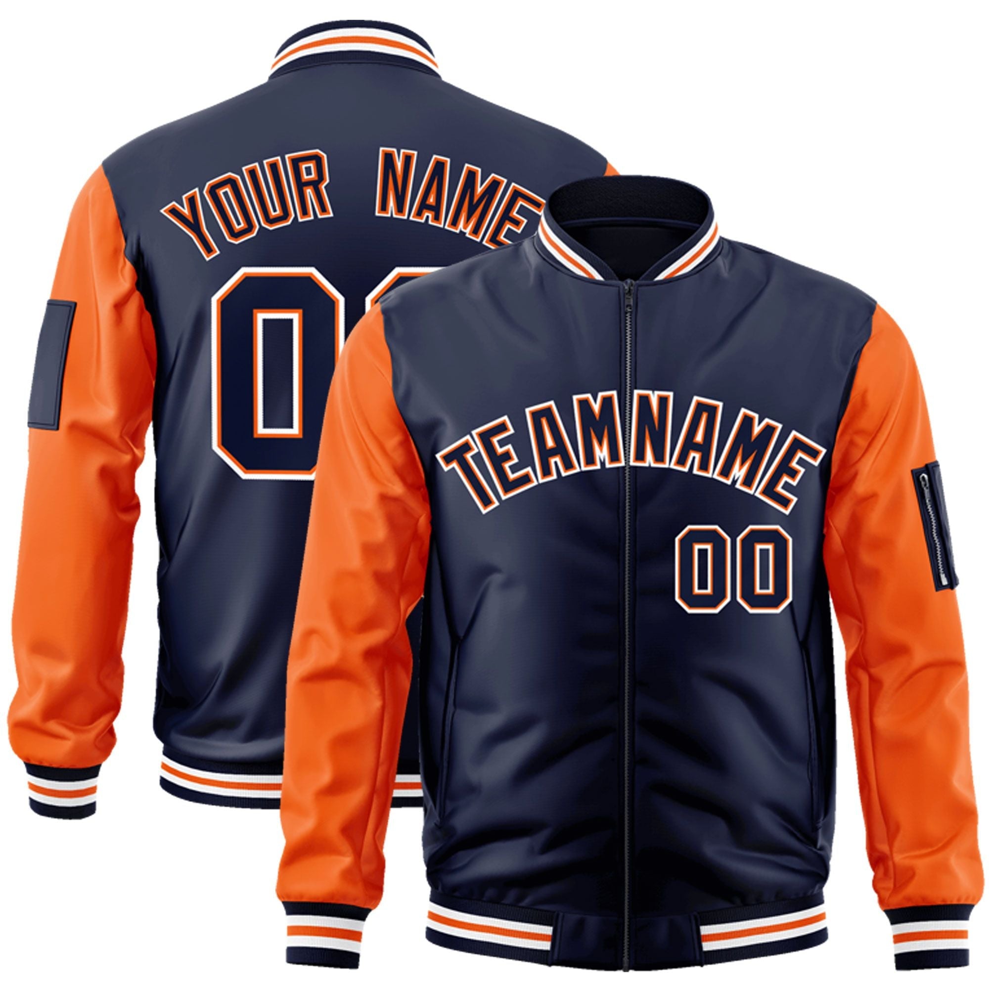 Custom Navy Orange-White Varsity Full-Zip Raglan Sleeves Letterman Bomber Jacket