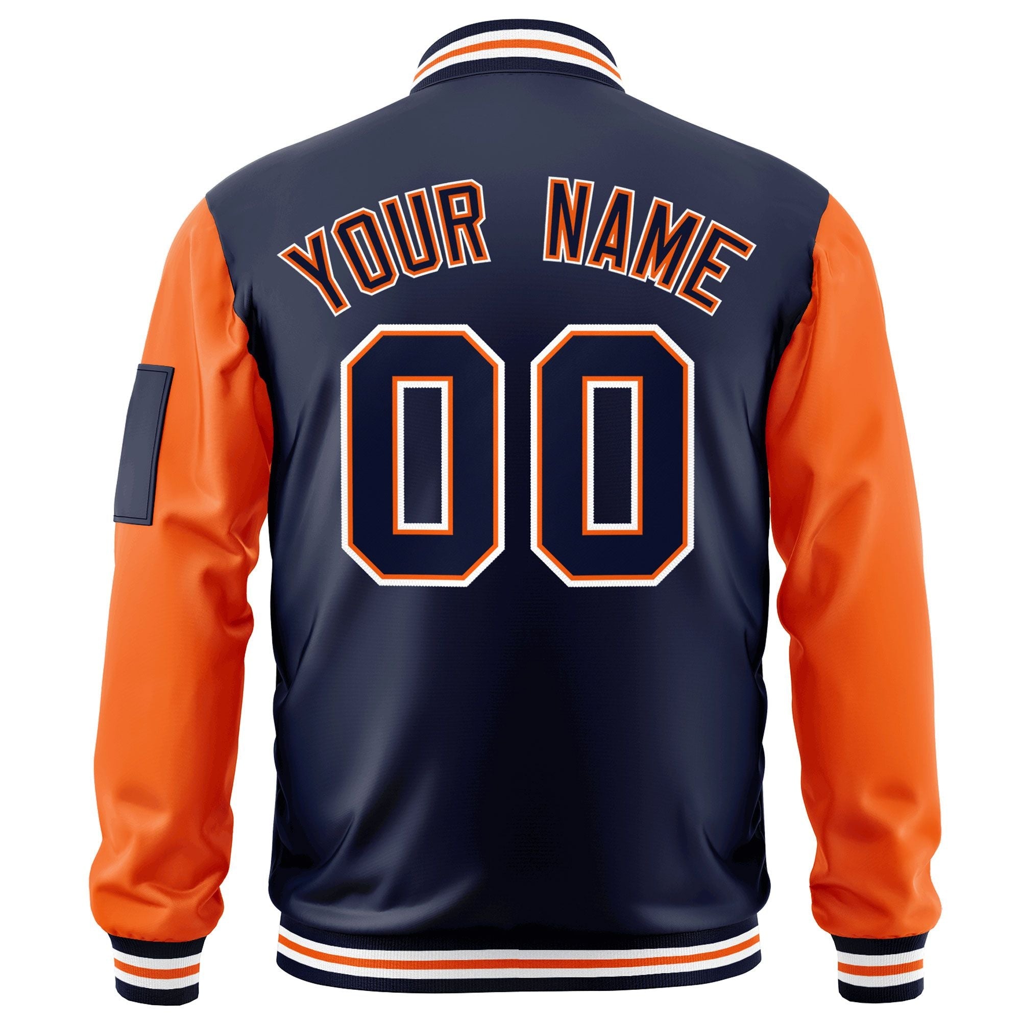 Custom Navy Orange-White Varsity Full-Zip Raglan Sleeves Letterman Bomber Jacket